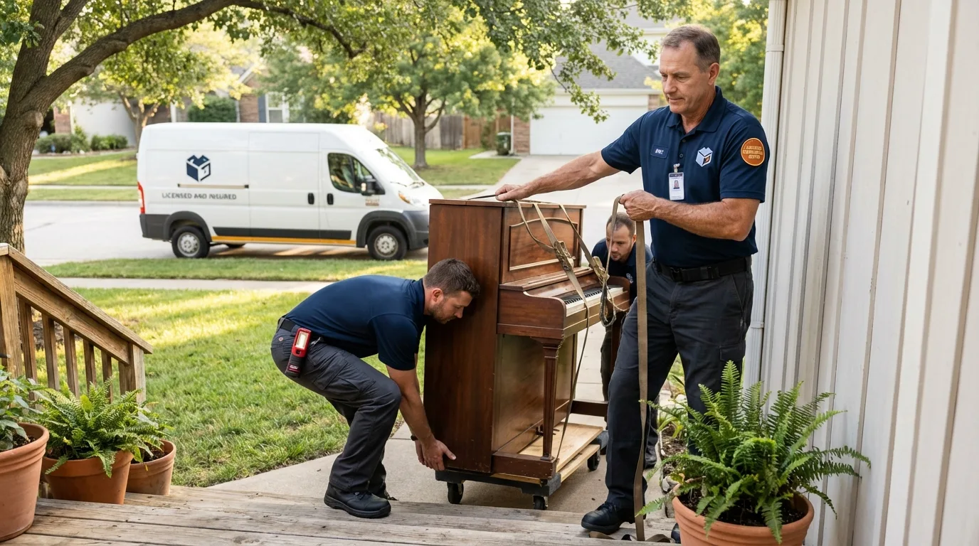 Licensed piano movers securing grand piano in Bangor, PA