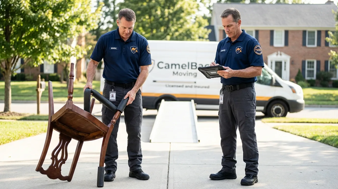 Movers inspecting furniture for damage prevention before loading in Bangor, PA